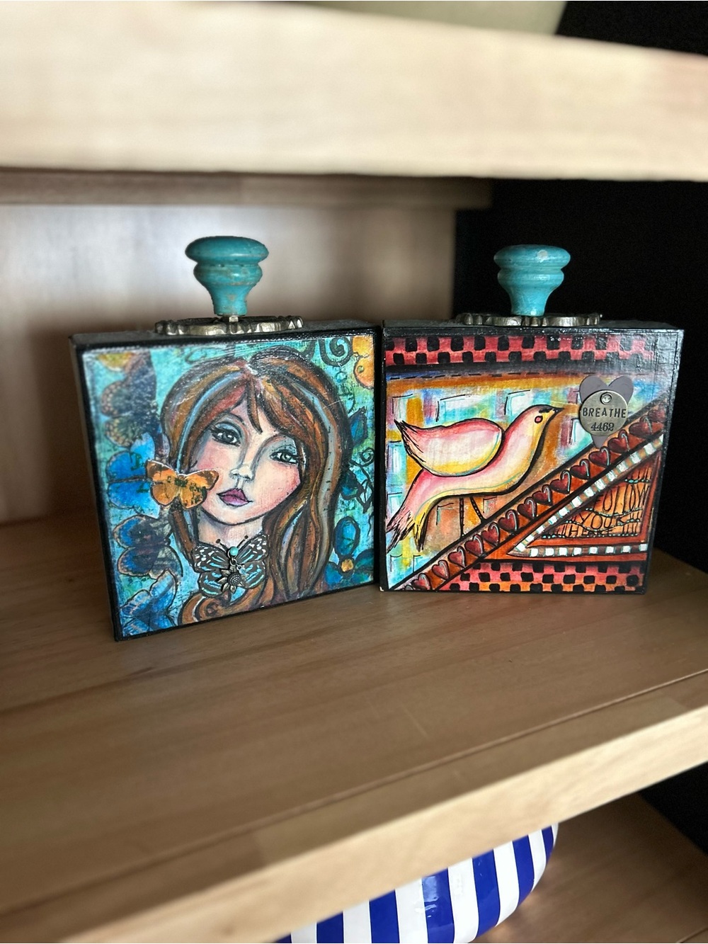 Hand-Painted Turquoise Knob Art Boxes - Blue and Teal Home Art